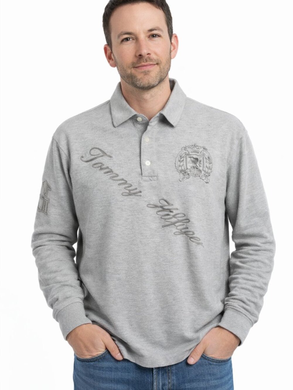 VTG Tommy Hilfiger Men's M Gray Polo Oversized Diagonal Spell Out
